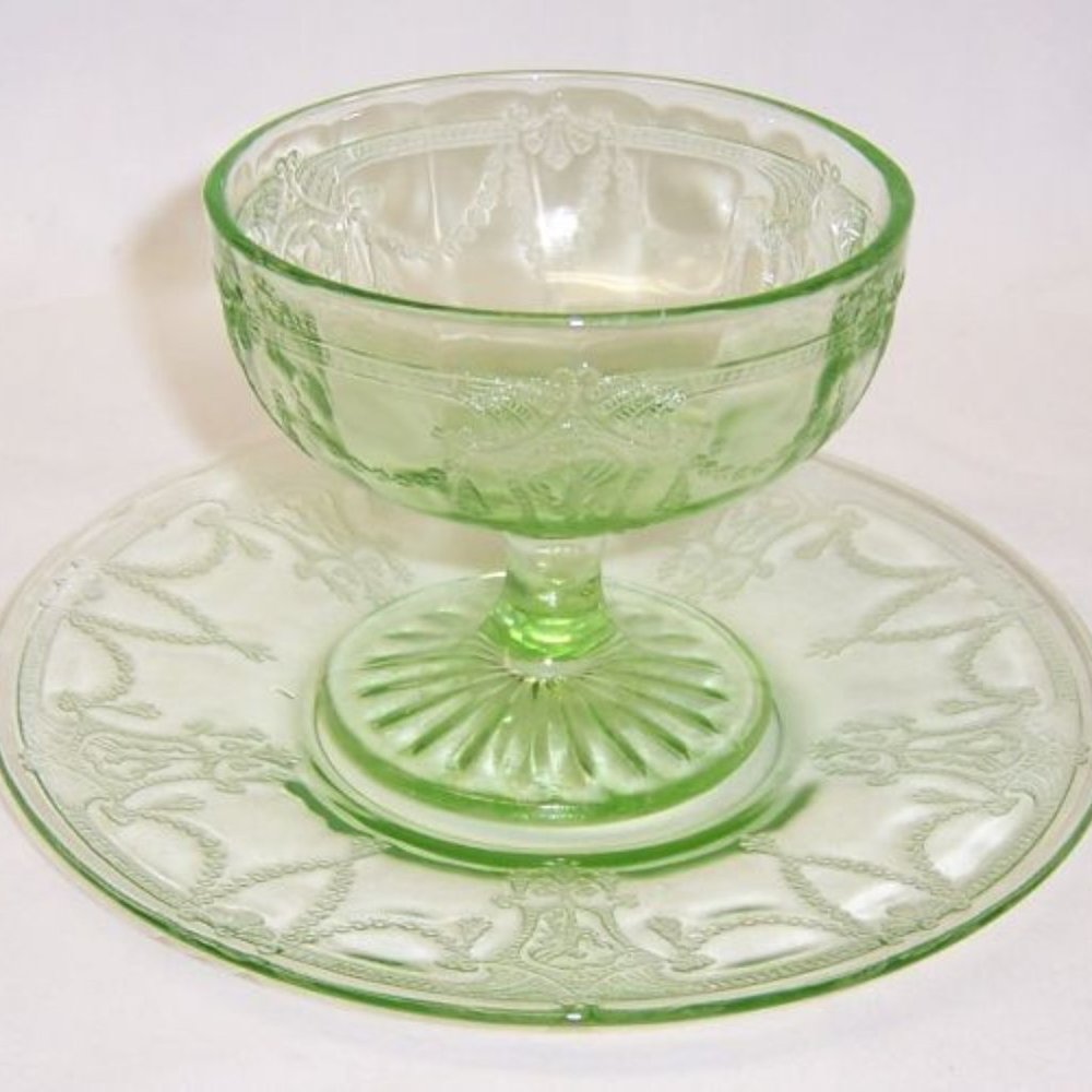 Hocking Depression Glass Green Cameo Ballerina Molded Sherbet with Underplate